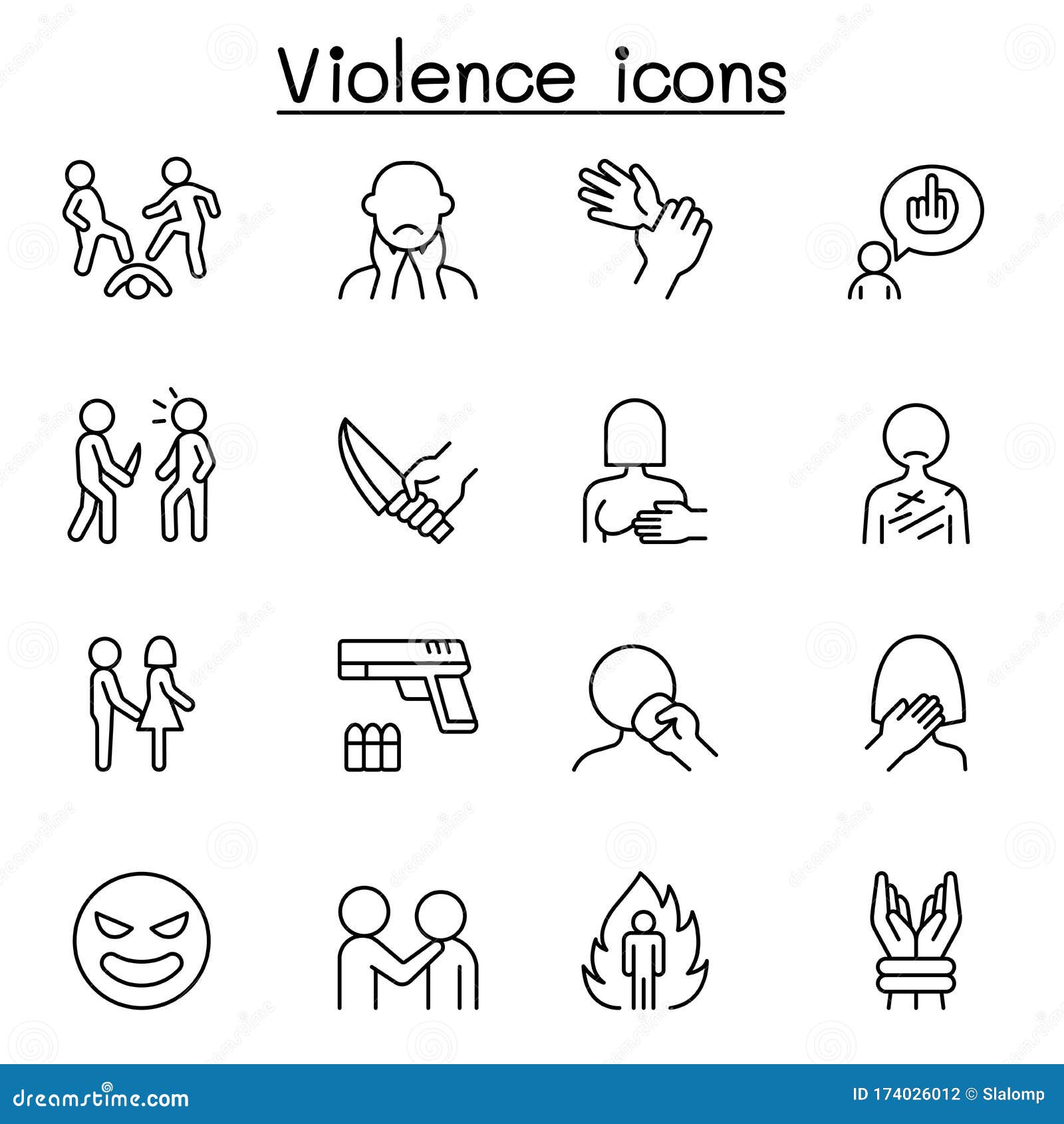 violence, human trafficking, abuse, sexual harassment icon set in thin line style