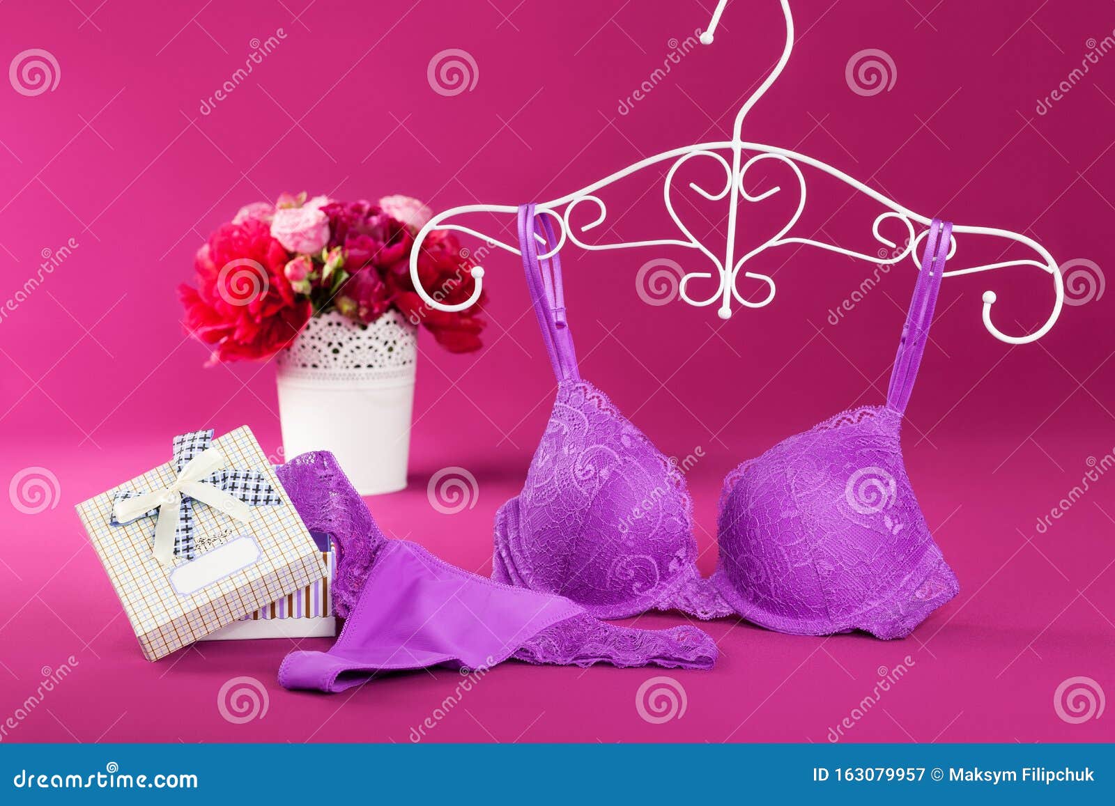 Purple Lace Lingerie Set on the White Wooden Background. Violet Stock Photo  - Image of female, accessories: 109242110