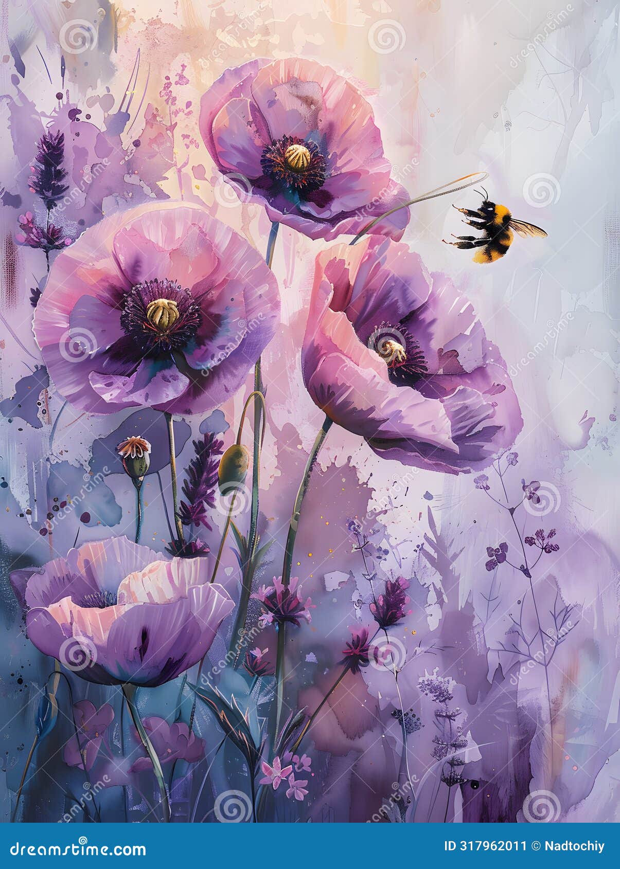 violet flowers painted with a bee, pollinator artwork