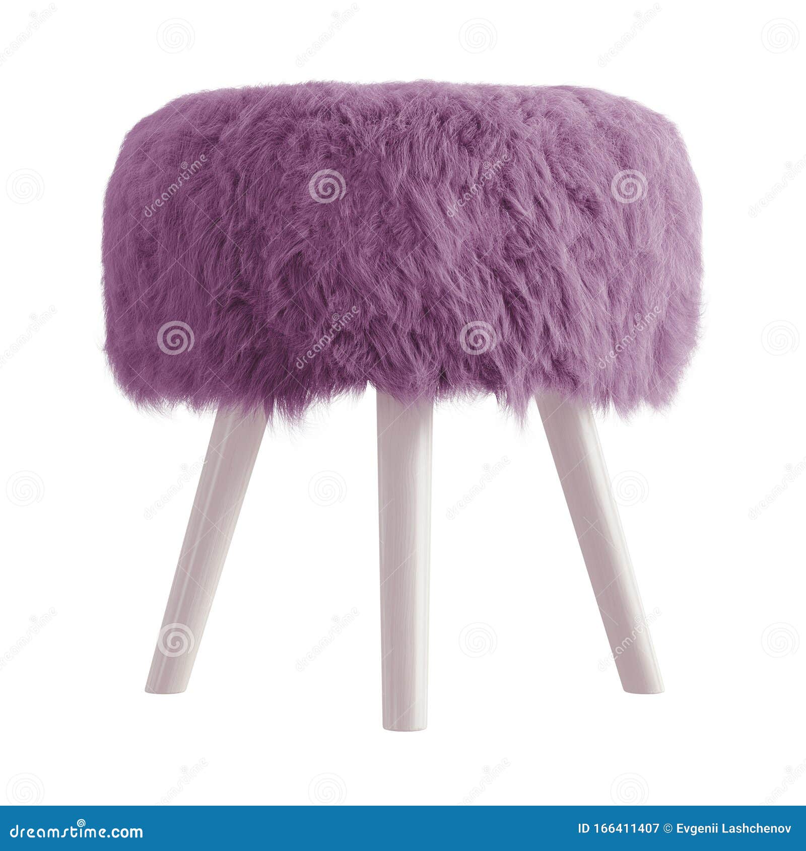 Violet Fluffy Stool Made Of Sheepskin Wool On Hooves On An Isolated Background. 3D Rendering 