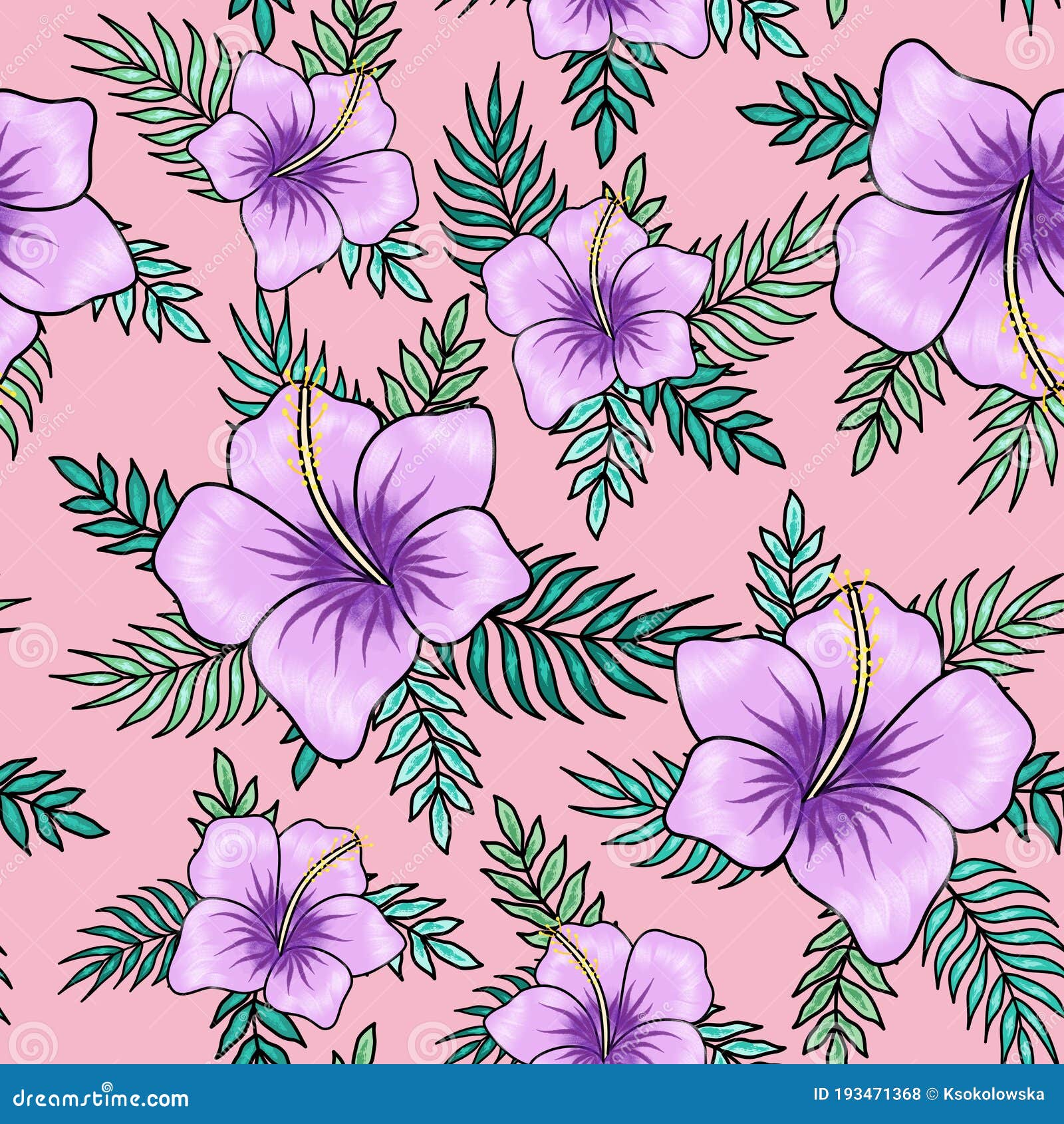 Violet Hibiscus Flowers with Palm Tree Leaves Seamless Pattern on Pink  Background. Great for Spring and Summer Wallpaper Stock Vector -  Illustration of drawing, design: 193471368
