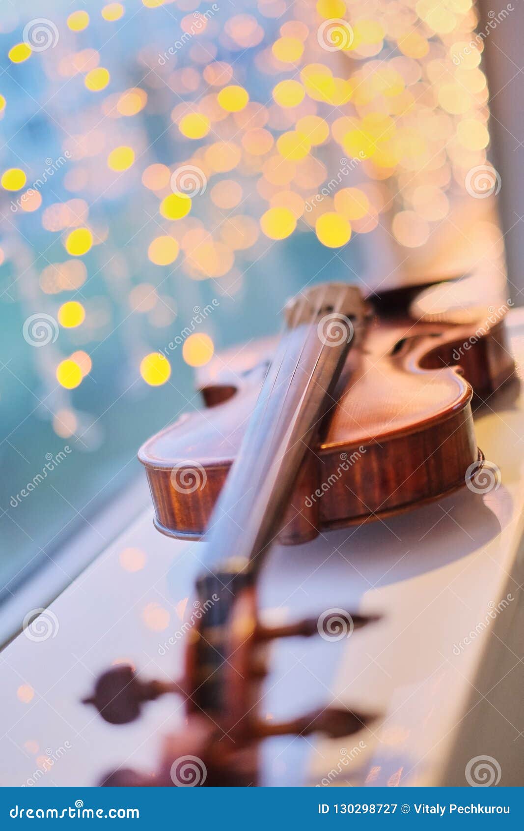 Violin with Blurred Perspective Bokeh Light Blue Bokeh Background Stock