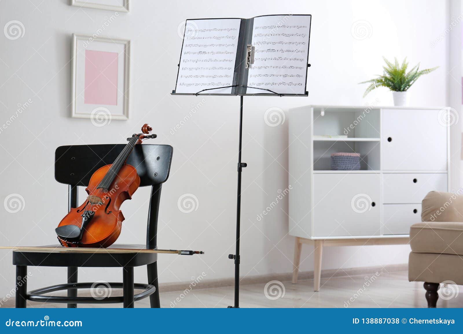 Violin, Chair and Note Stand with Music Sheets Stock Photo Image of