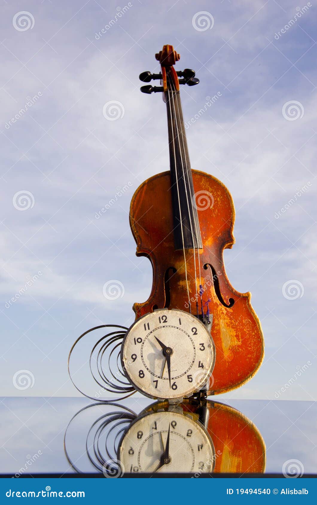 Violin with Old Clock on Mirror Stock Photo Image of design, mirror