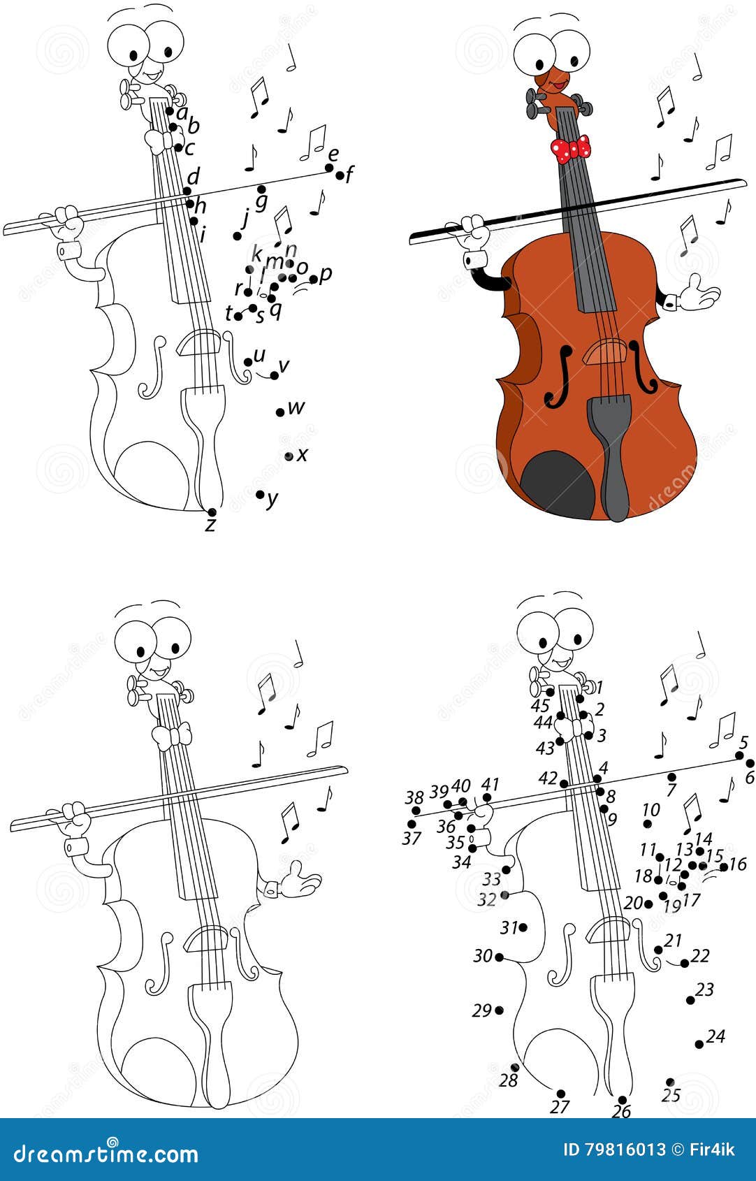 Violino divertente del fumetto Libro da colorare e punto per punteggiare gioco per i bambini