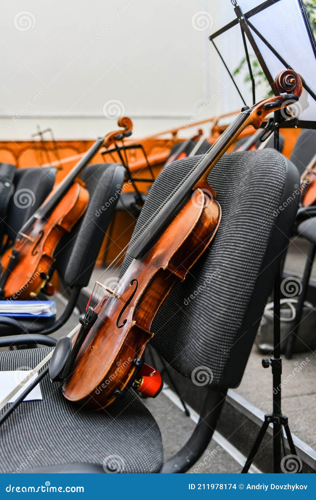 Violins Stand on Empty Chairs of the Concert Hall before the Start of
