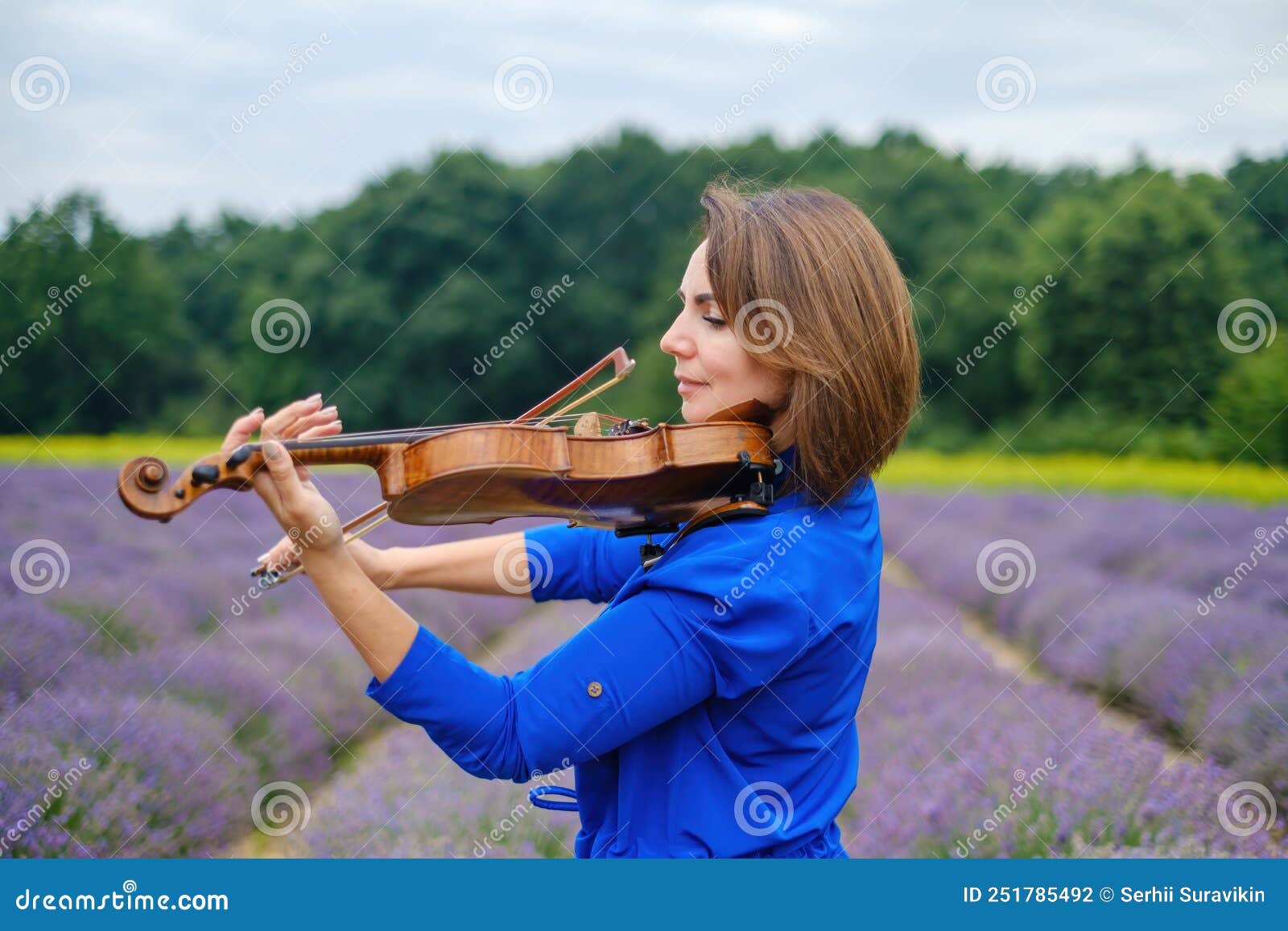 Violoniste Femme Adulte Jouer Du Violon Sur La Lavande D'été