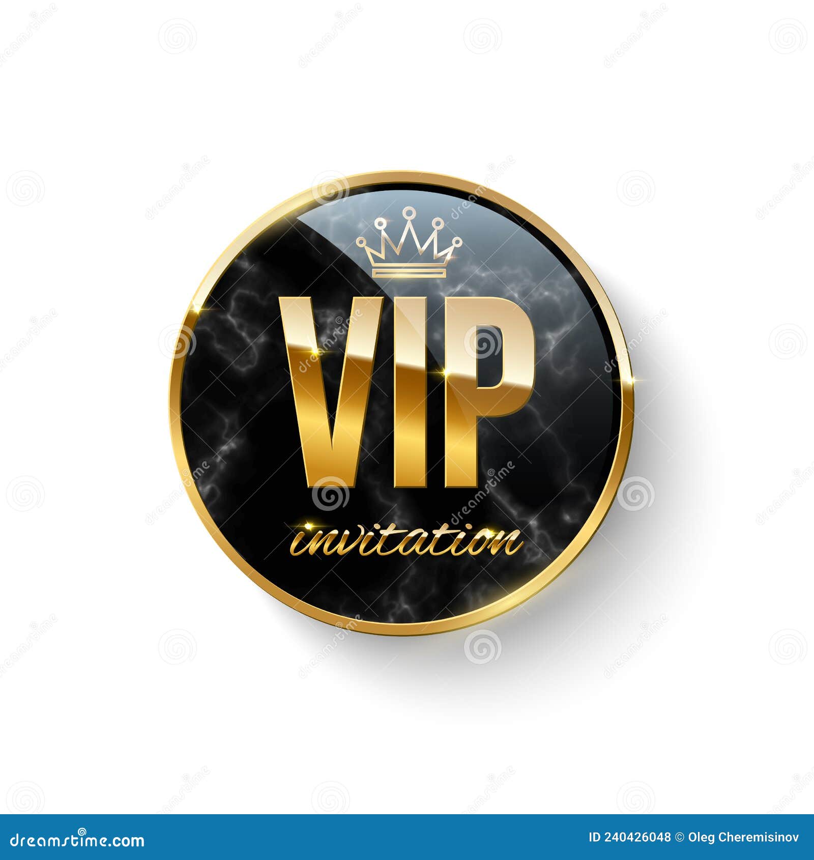 vip invitation 3d button with gold crown, border and text on black marble texture