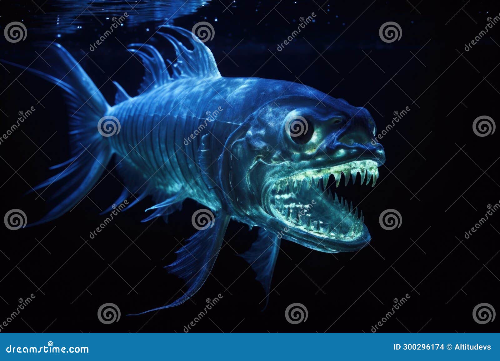 a viperfish with its sharp teeth visible and bioluminescent light glowing