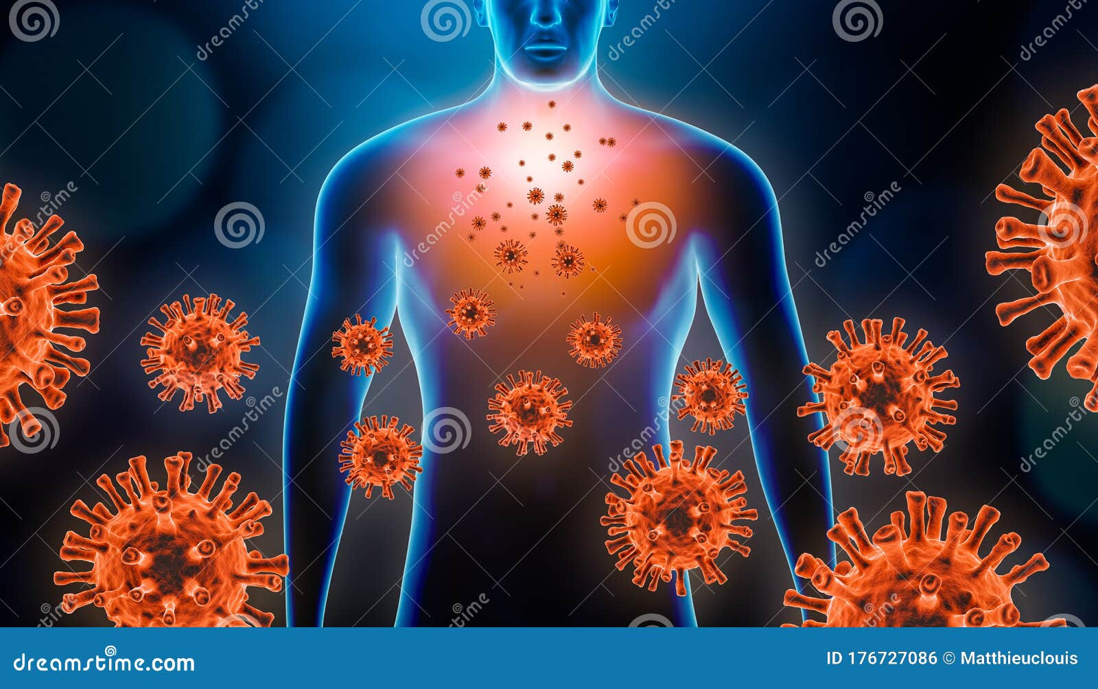 viral pneumonitis 3d rendering  with red virus cells and human body. coronavirus, covid 19, infectious and