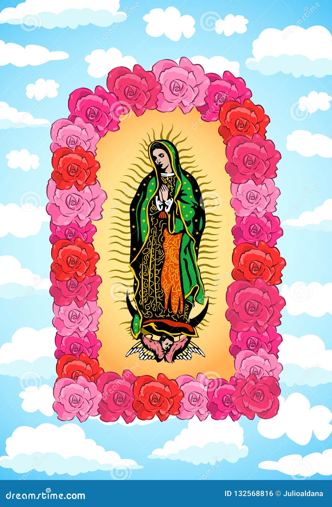 Virgin of Guadalupe, Color Roses and Sky Vector Illustration Stock ...