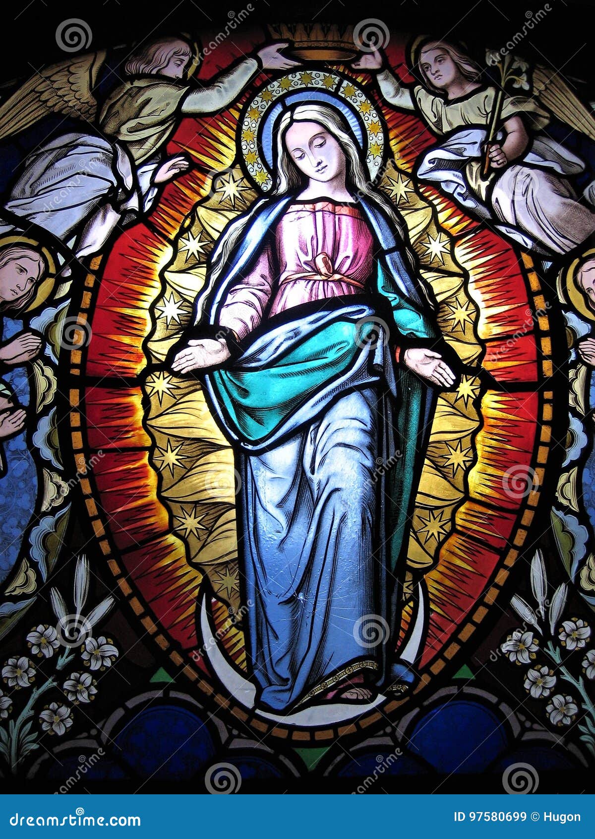virgin mary stained glass in church in portugal