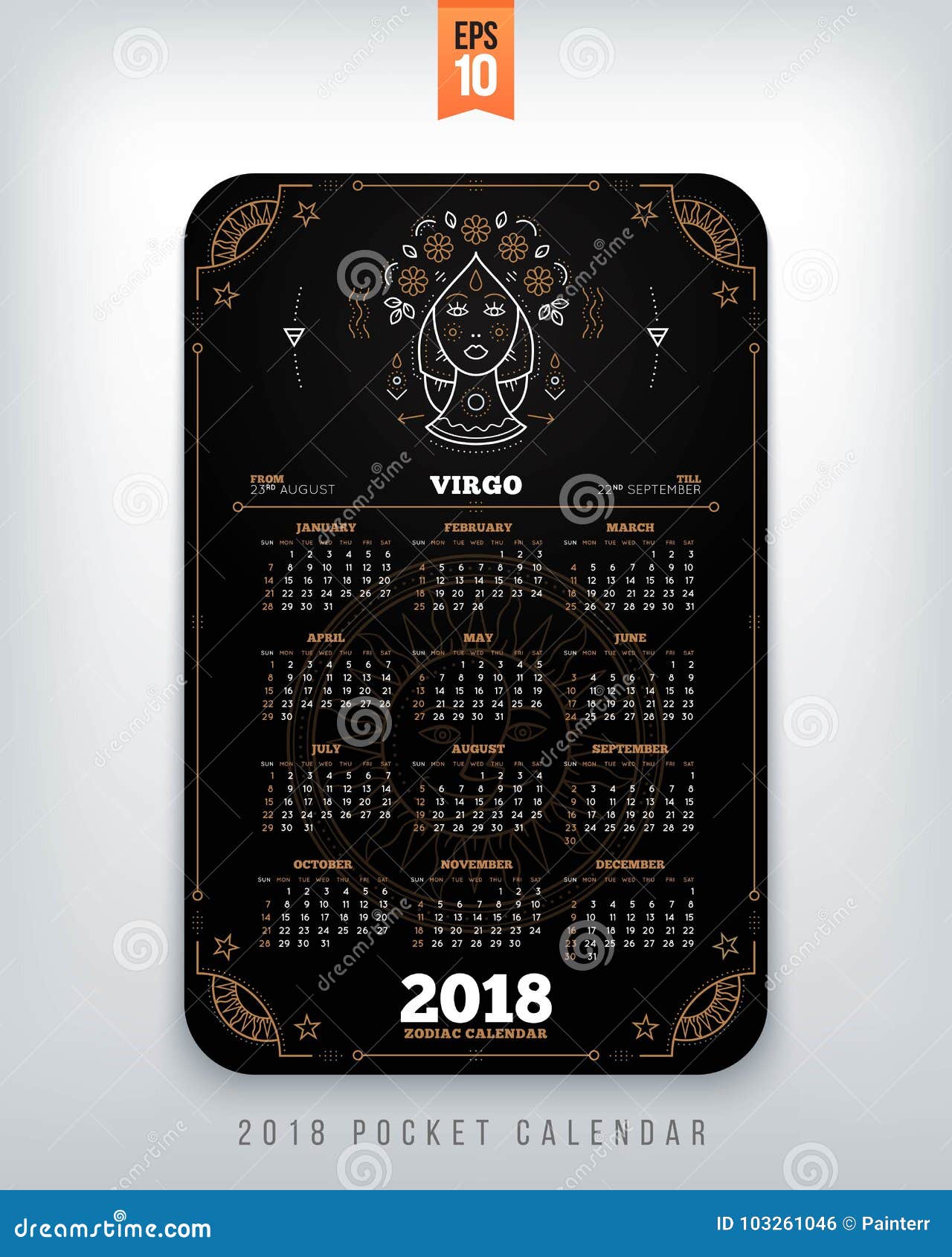 Virgo 2018 Year Zodiac Calendar Pocket Size Vertical Layout Stock