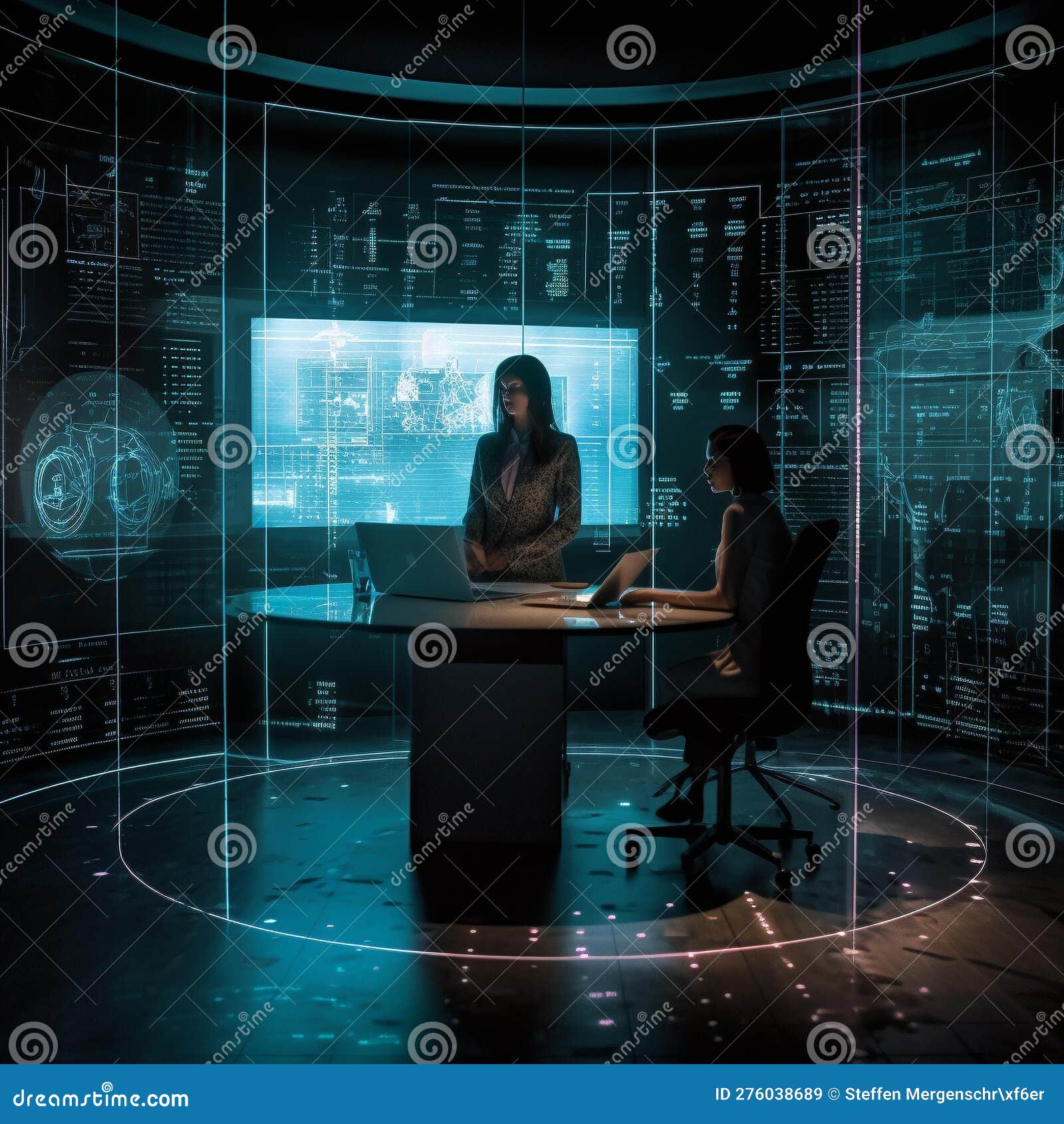 Modern minimalist office with a hologram of a digital assistant helping a person