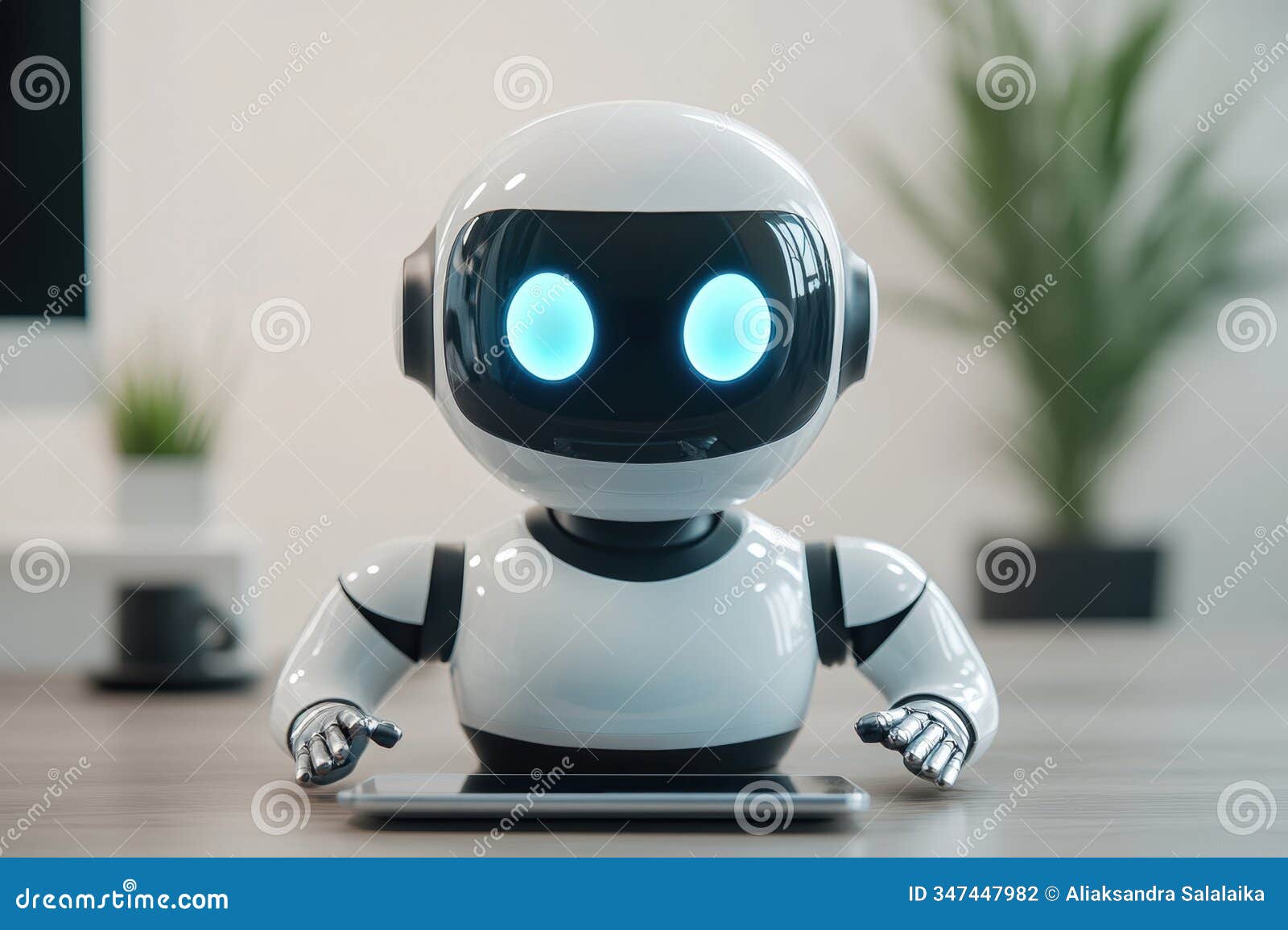 virtual assistant on tablet, a chatbot on a tablet in a tech-filled office space, surrounded by cozy lighting for an
