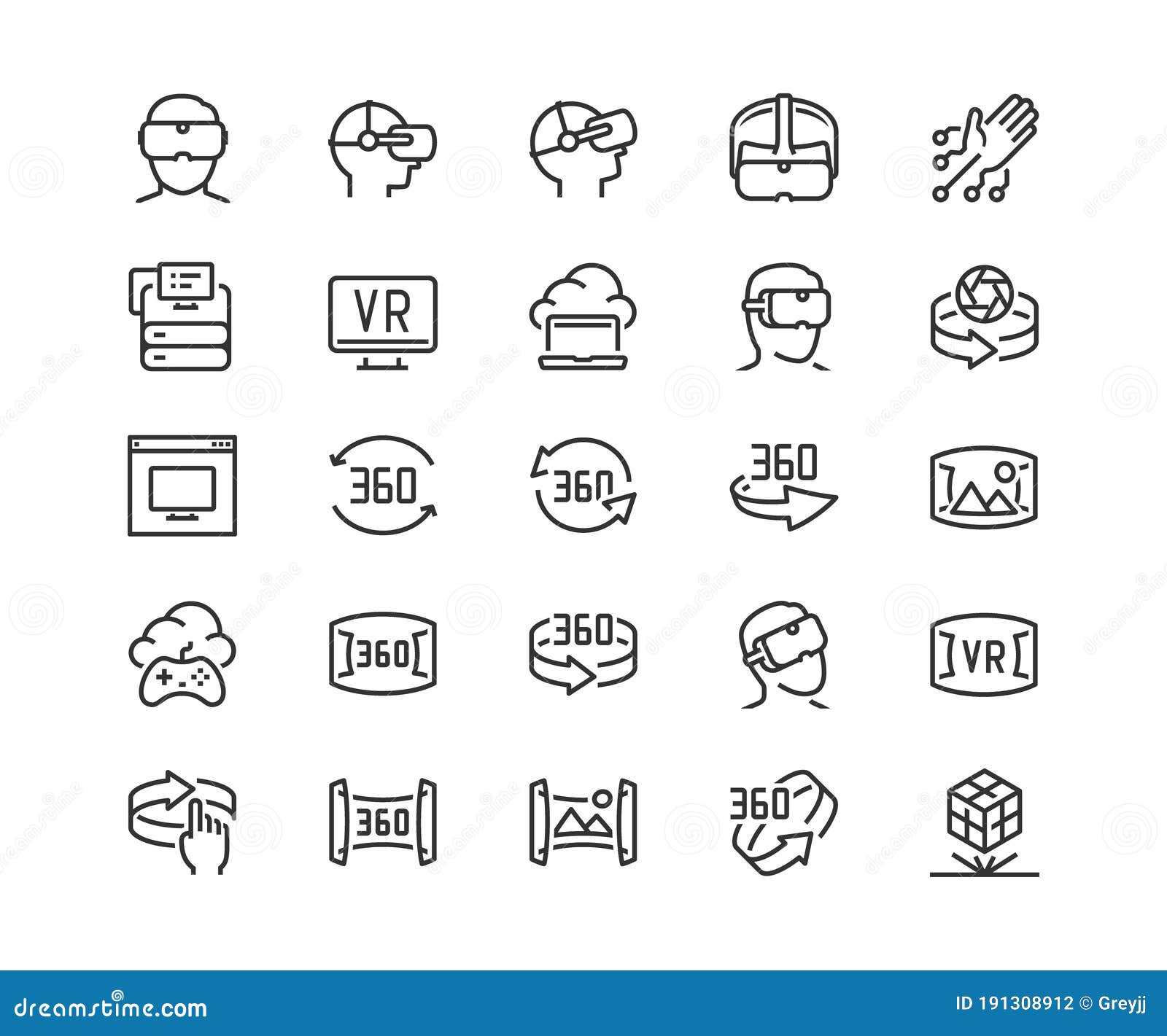 virtual and augmented reality, 360 degree rotation and cloud gaming related icons in outline style