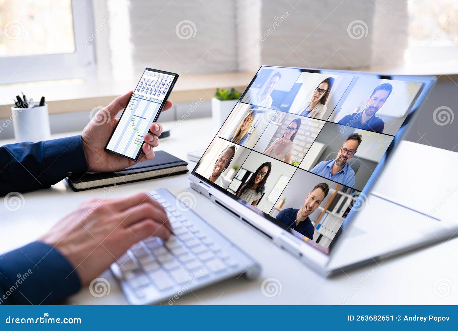 Virtual Conference Meeting in Office Room Stock Image - Image of