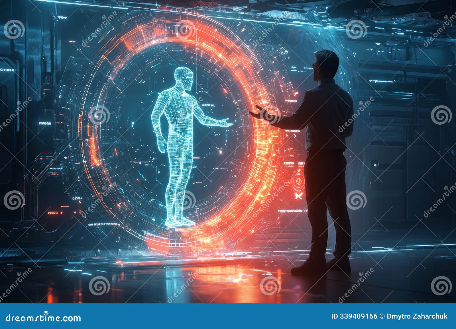 a virtual mentor or coach in the form of a glowing avatar teaching a businessman through a digital interface.