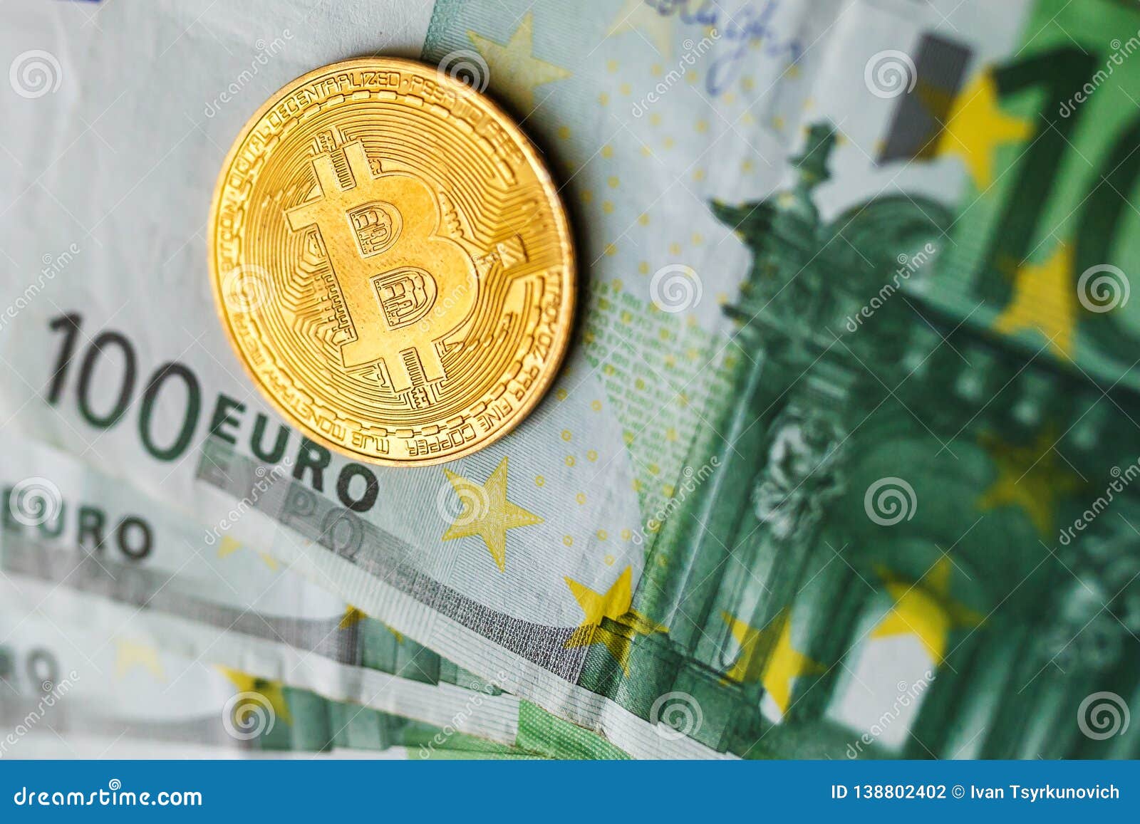 Virtual Money Golden Bitcoin On Hundred Euro Bills Background - virtual money golden bitcoin on hundred euro bills background exchange bitcoin cash for a euro concept