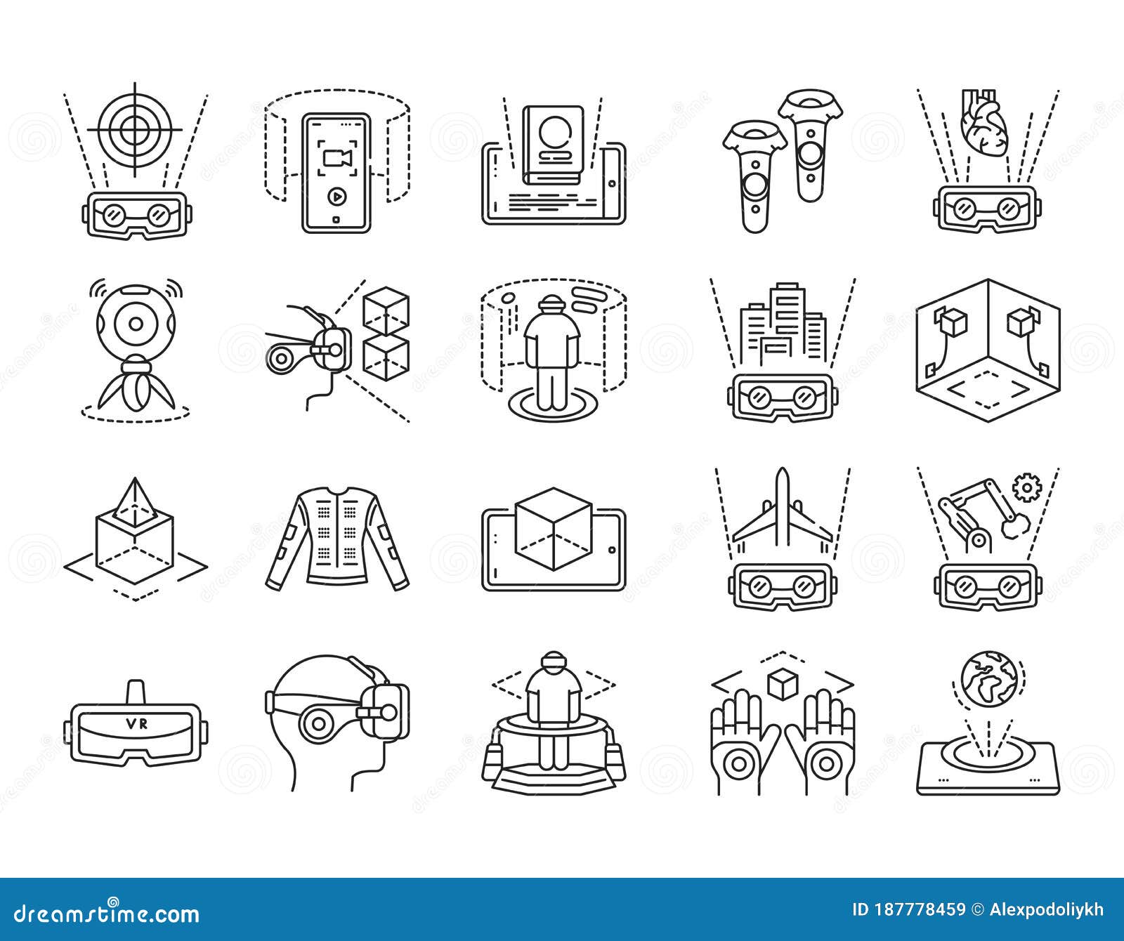 virtual reality black line icons set. innovative technology. pictograms for web page, mobile app. ui ux gui  .