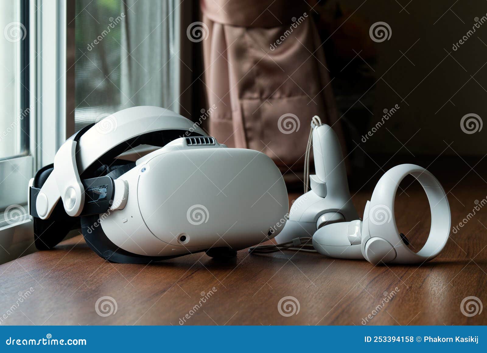 Virtual Reality Headset on the Wood Table in the Morning, Interactive