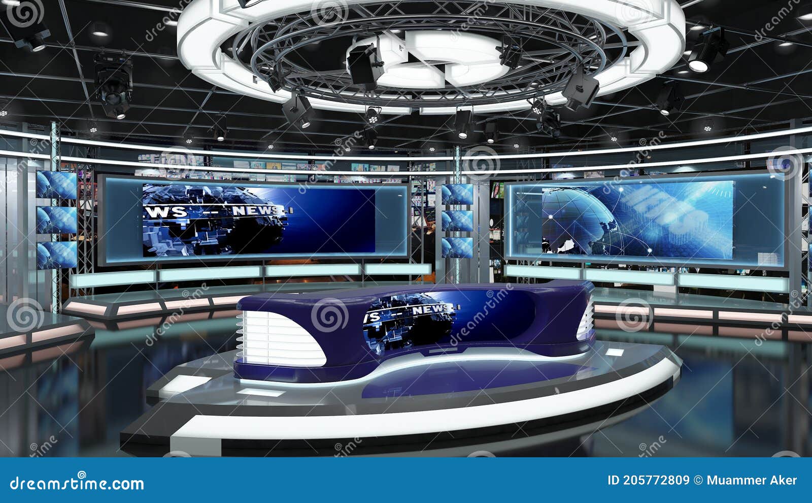 virtual tv studio news set 1.2.5 green screen background. 3d rendering.