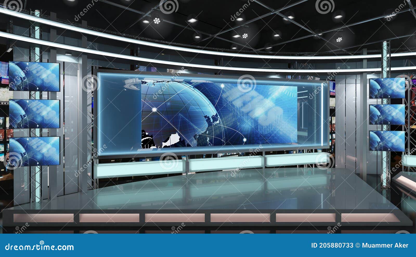 virtual tv studio news set 1.2.11 green screen background. 3d rendering