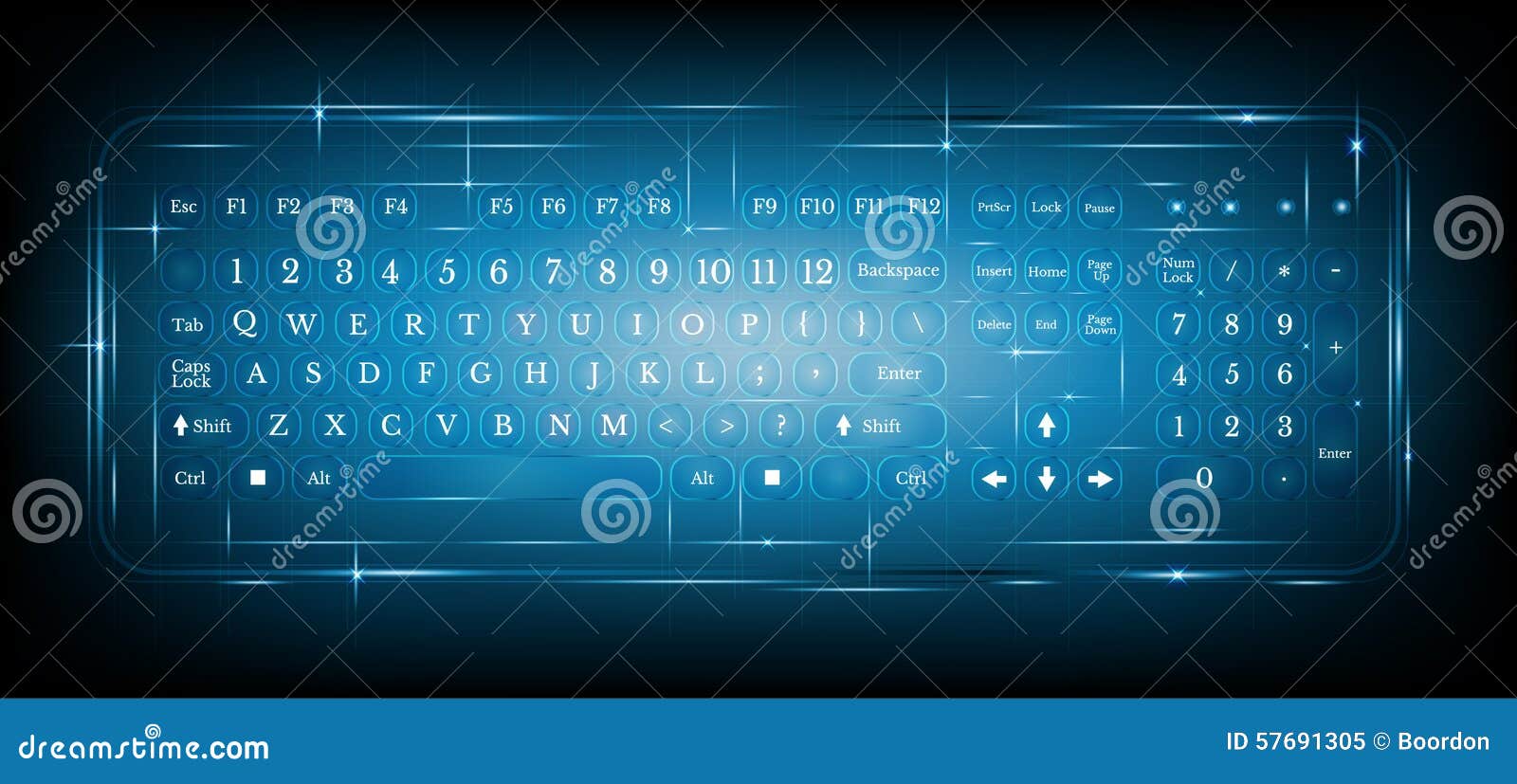 Virtual Shiny Computer Pc Keyboard or Keypad on Blue Stock Vector