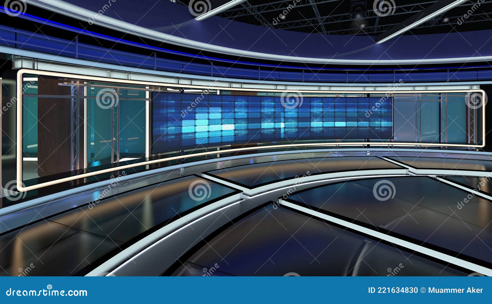 virtual tv studio news set 31. green screen background. 3d rendering.