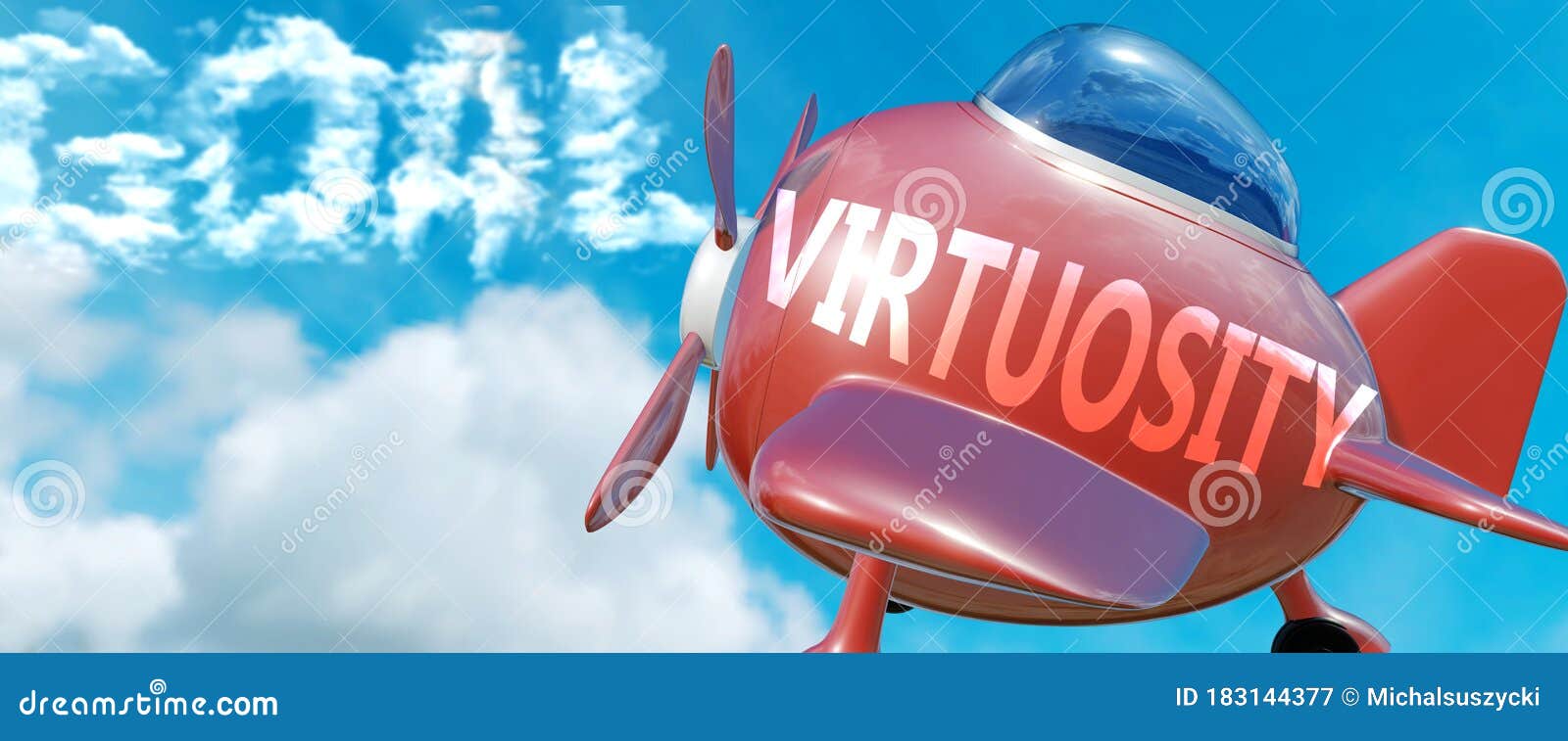 virtuosity helps achieve a goal - pictured as word virtuosity in clouds, to ize that virtuosity can help achieving goal in