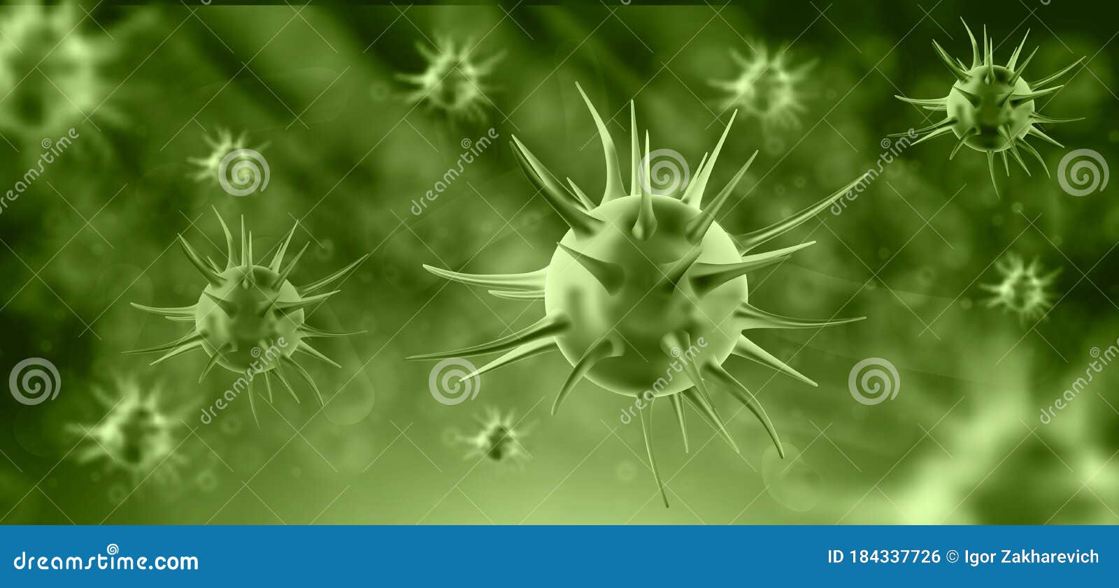 virus. 3d microbe on green background. disease germ, pathogen organism, infectious micro virology