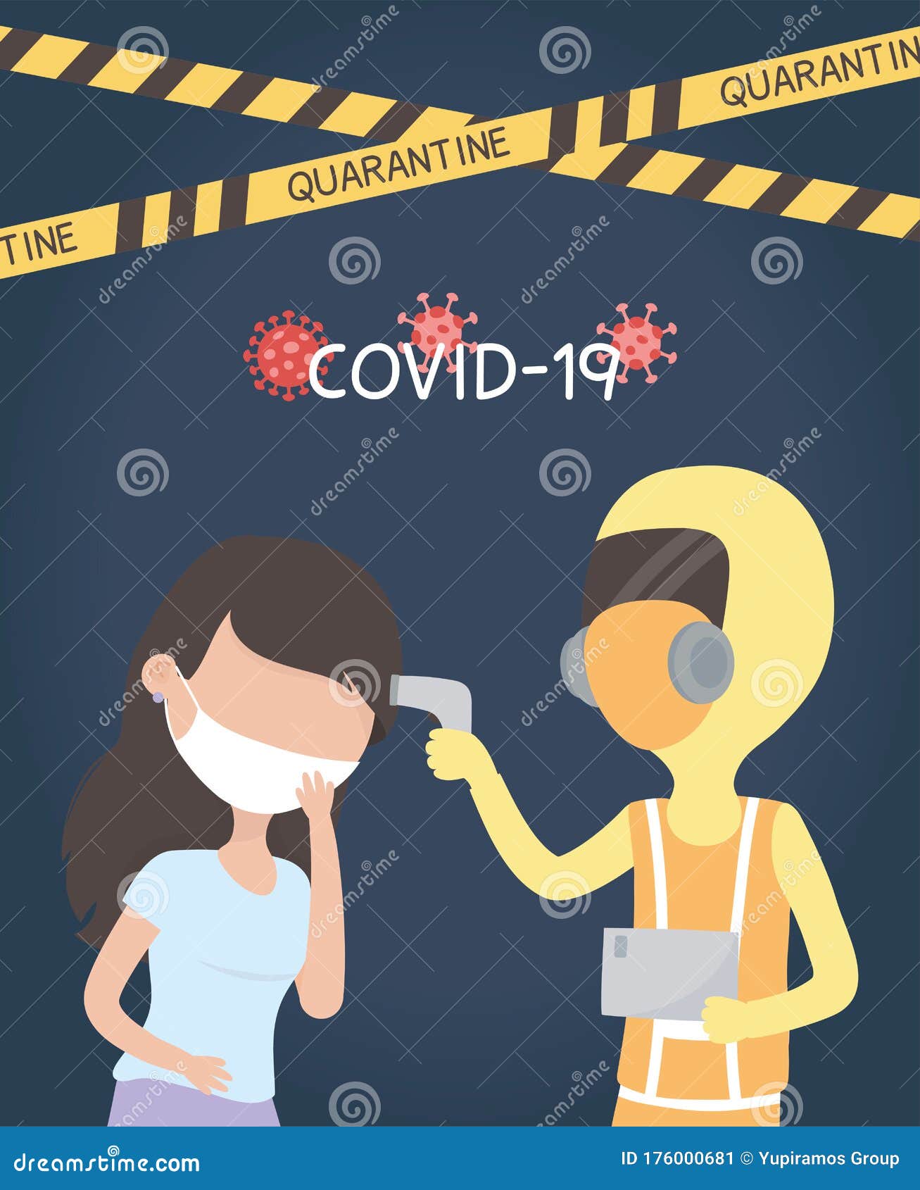 virus covid 19 quarantine, sick woman and doctor protective suit and scan temperatura corporal
