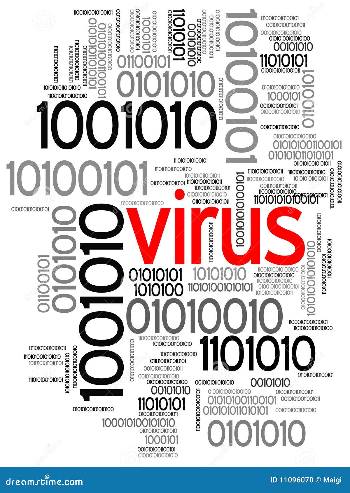 Virus im binären Code. Abbildung der mehrfachen Versionen des binären Codes und das Wortvirus in der Mitte im Rot. Getrennt auf einem weißen Hintergrund.