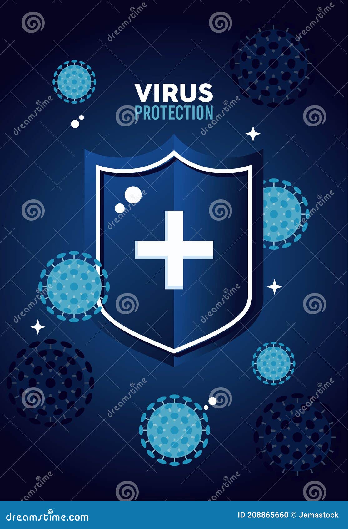 virus protection shield with cross and covid-19 particles color blue