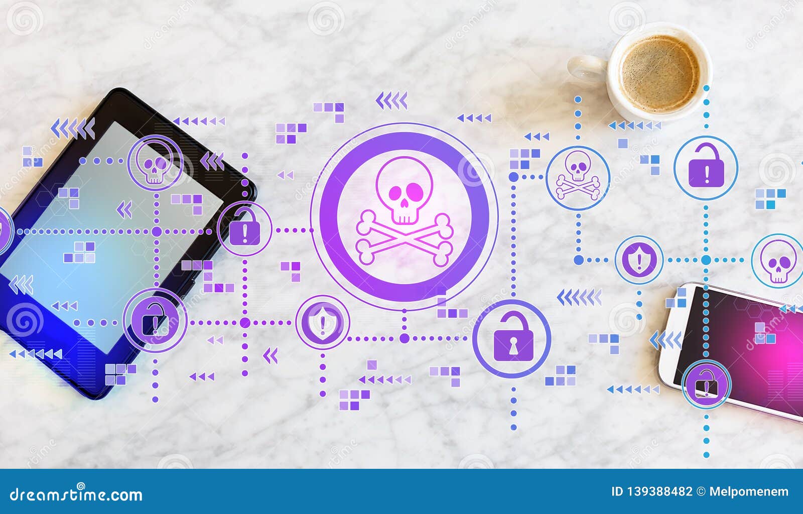 Virus and Scam Theme with Tablet and Phone Stock Photo Image of purple, mail 139388482