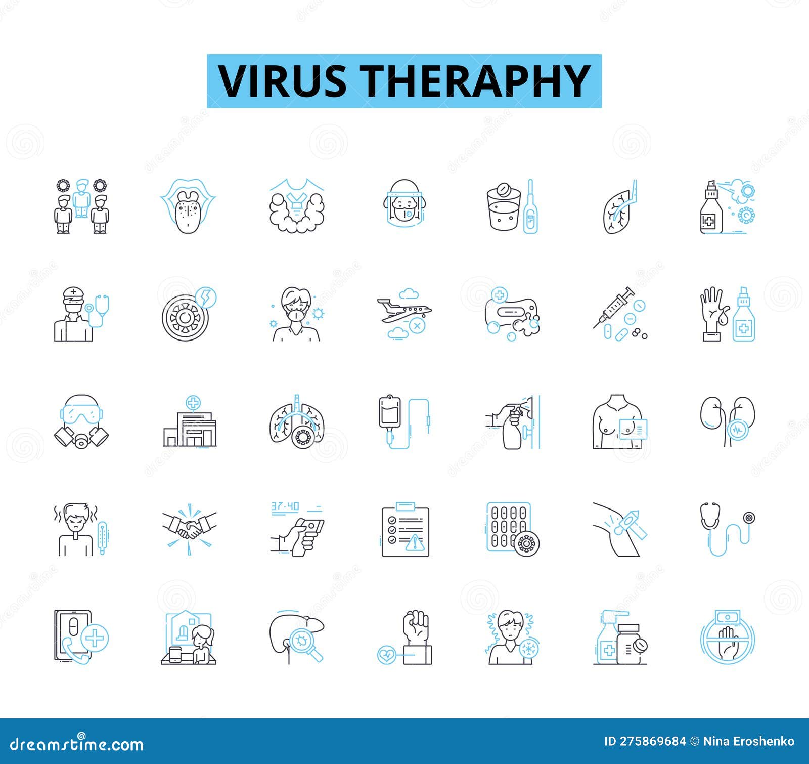 virus theraphy linear icons set. immunotherapy, gene therapy, antivirals, vaccines, antibodies, retrovirus, oncolytic