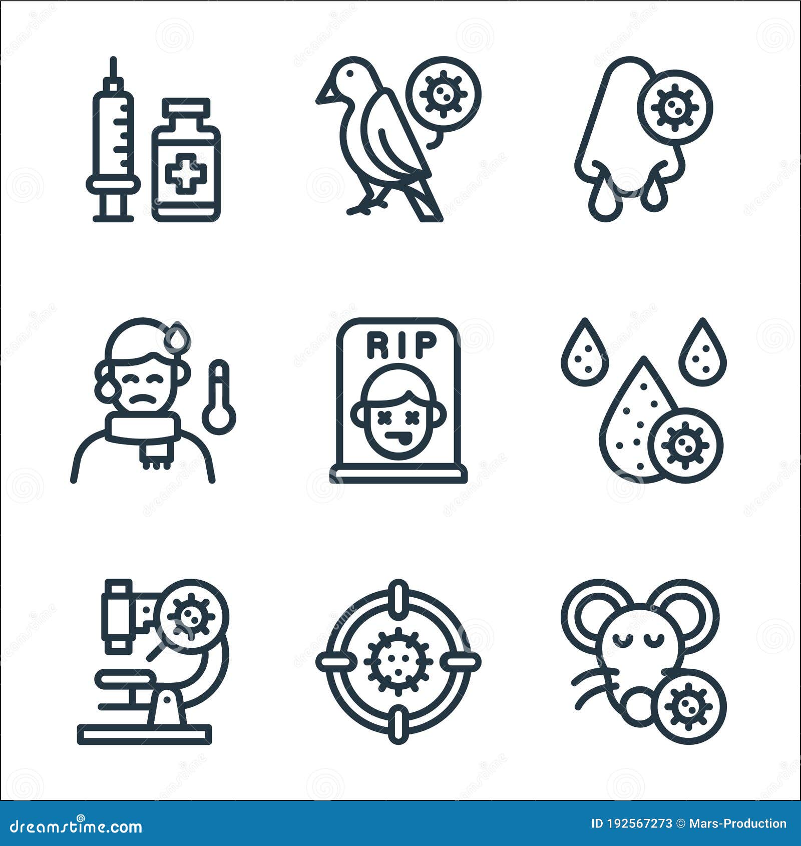 Virus Transmission Line Icons Linear Set Quality Vector Line Set Such As Rat Head Target Microscope Blood Drop Dead Fever Stock Vector Illustration Of Biology Icon