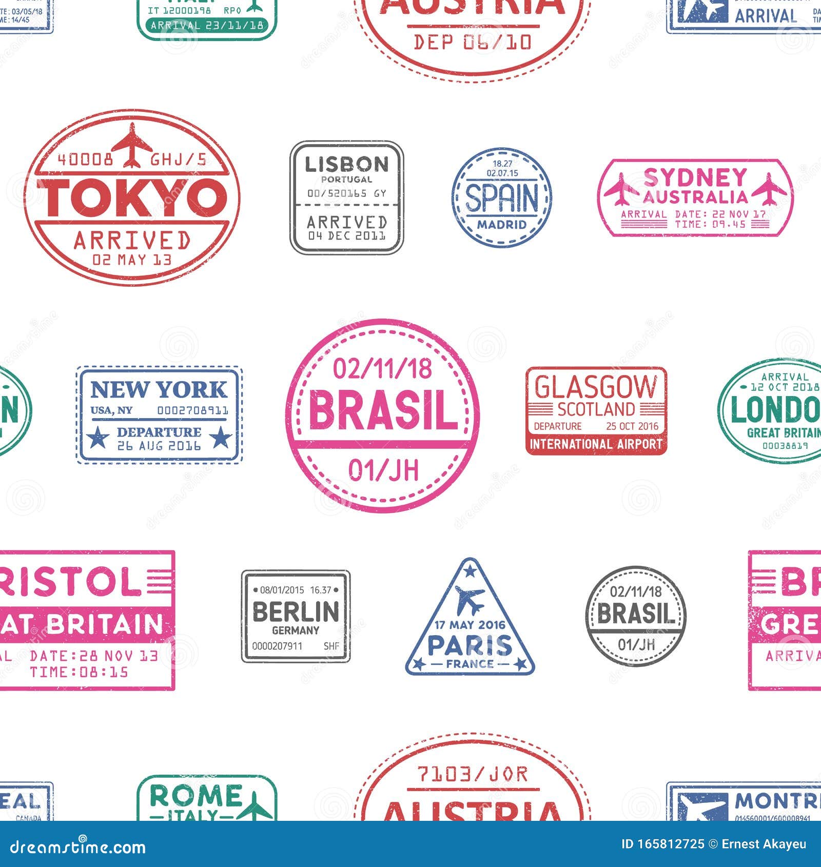 visa stamps  seamless pattern. lisbon, tokyo, glasgow, brasil, sydney, new york colorful stamps texture. visited