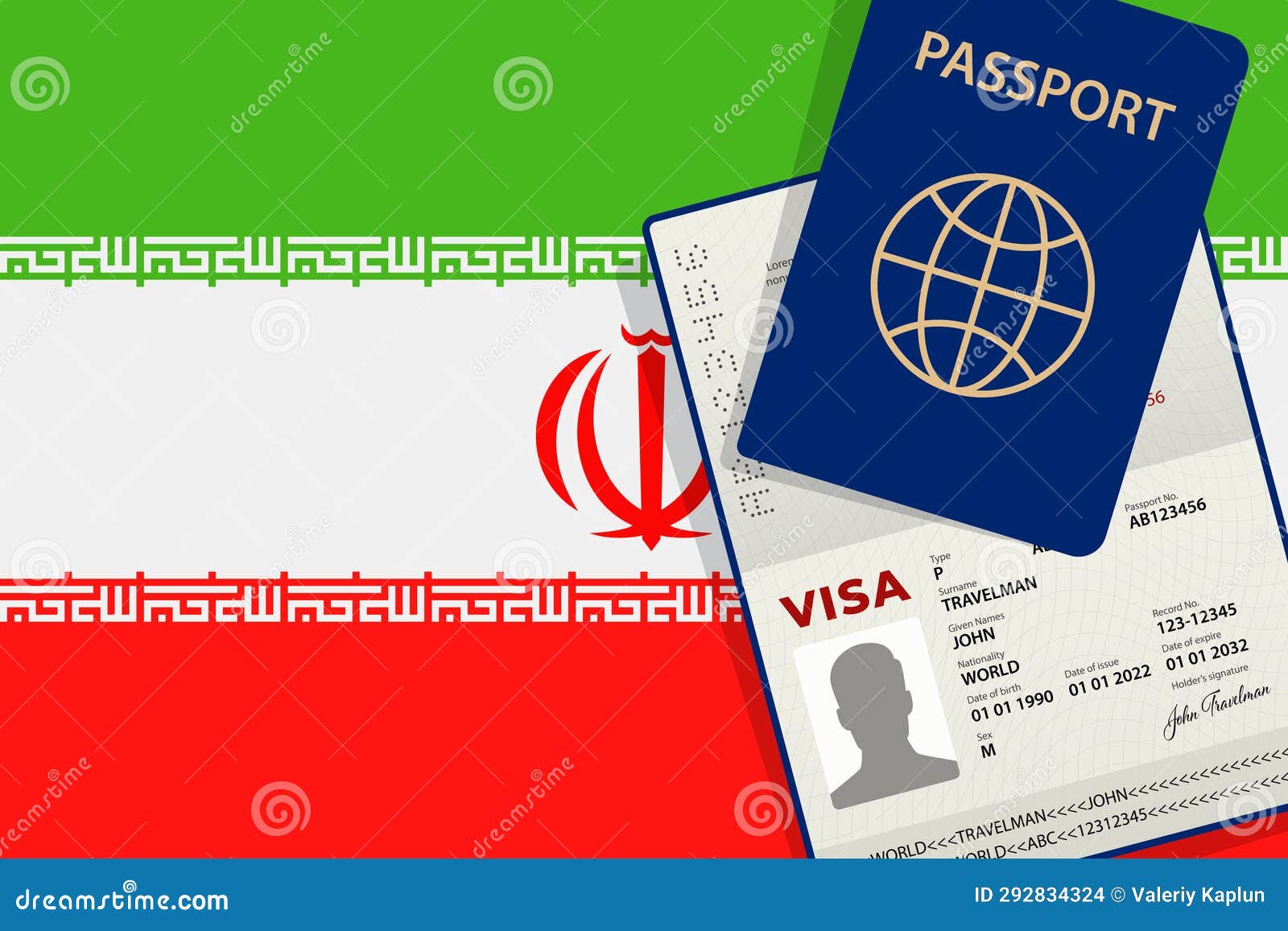 visa to iran and passport. irani flag background.  