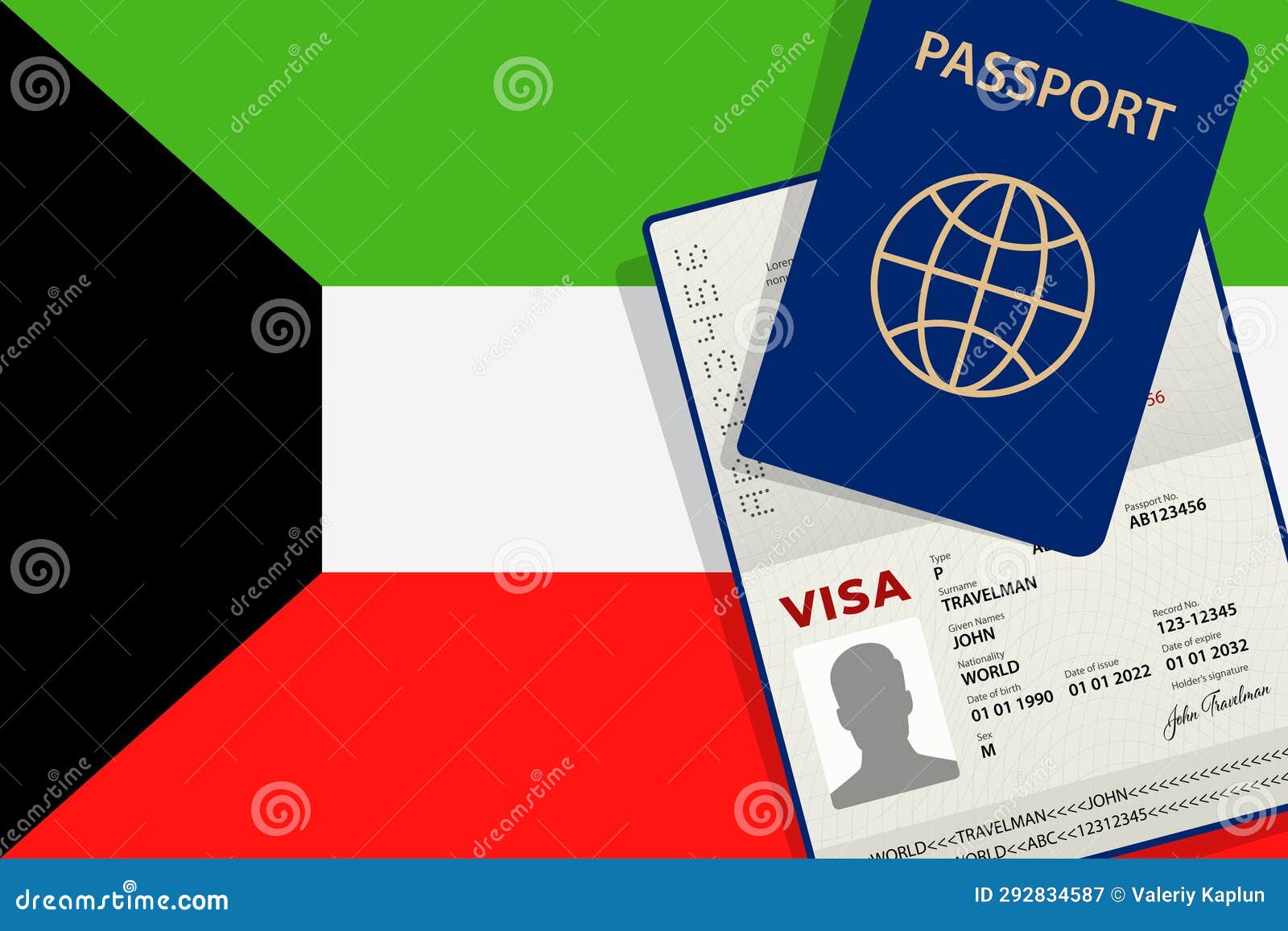 Visa To Kuwait and Passport. Kuwaiti Flag Background. Vector