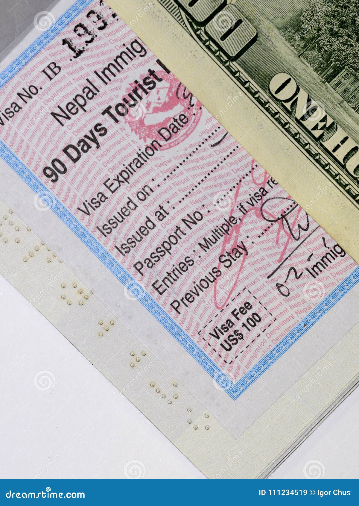 Visa To Nepal, Worth US 100 2017 Stock Image Image of isolated, style 111234519