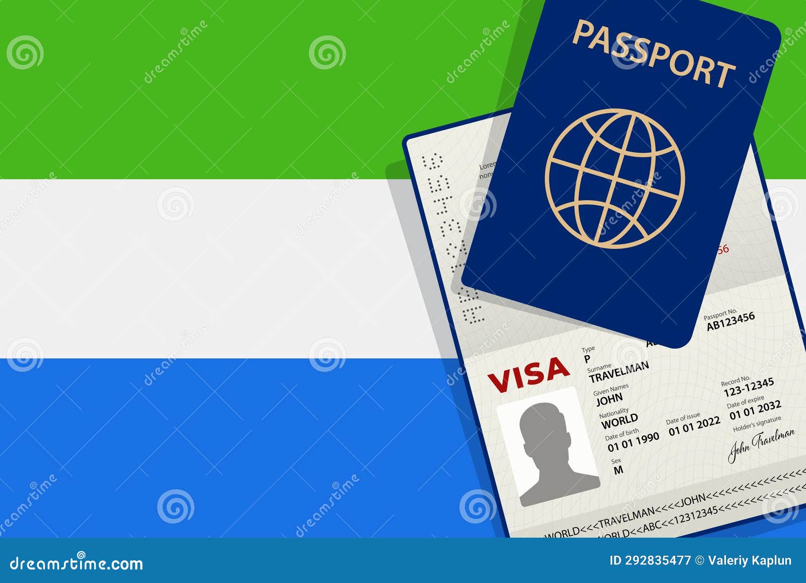 Visa To Sierra Leone and Passport. Sierra Leone Flag Background. Vector