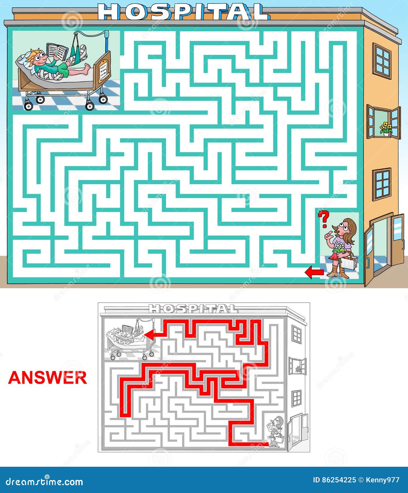 Visit in a hospital. Help girl to find a path to a friend, who is treated in a hospital. Labyrinth for kids. Landscape, hard.