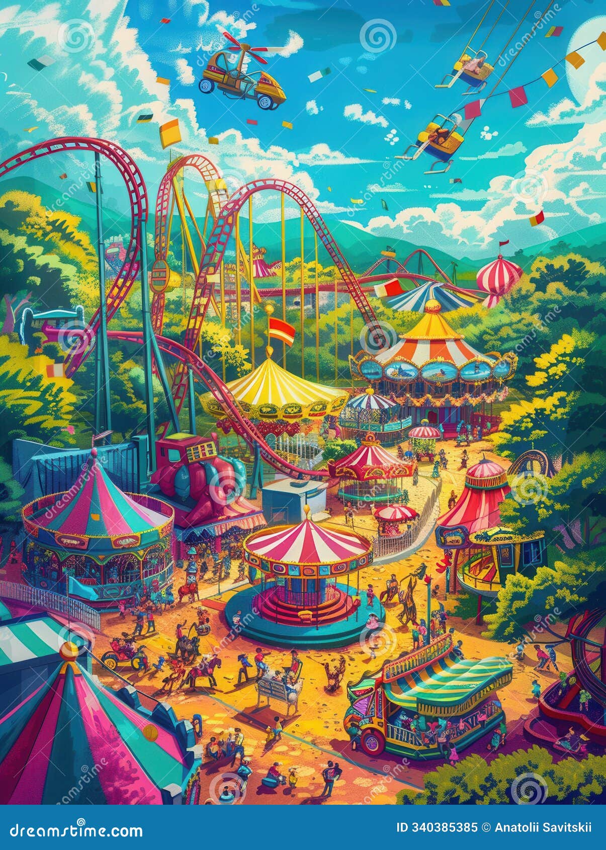 visitors experience excitement at an amusement park, riding carousels and roller coasters amid colorful attractions and