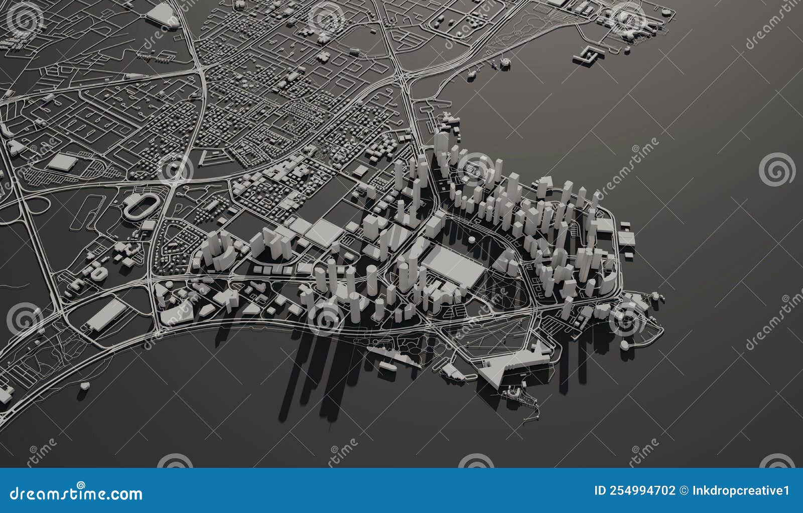 Vista aérea azul de edifícios da cidade, renderização em 3d de fundo azul  do mapa