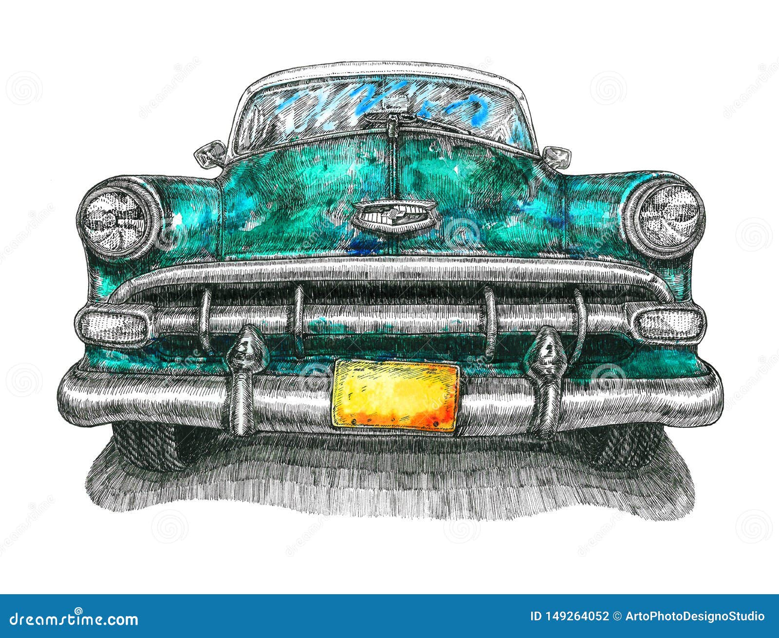 Vista Delantera De Chevrolet Bel Air De La Turquesa, T?cnicas Mixtas,  Ejemplo De La Acuarela Con El Dibujo De La Tinta, Aislado E Fotografía  editorial - Ilustración de americano, tinta: 149264052