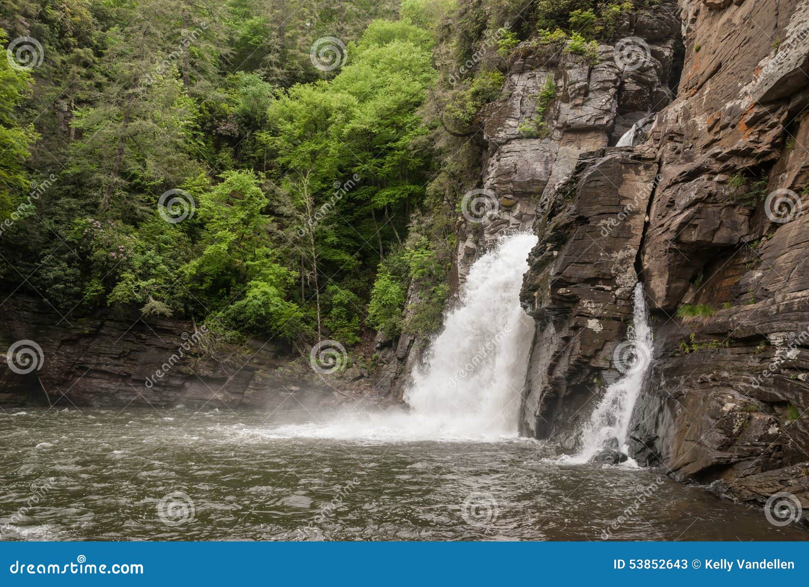 Vista livellata del fiume delle cadute di Linville. Le viandanti possono ottenere una vista del livello del fiume delle cadute di Linville in questo parco nazionale