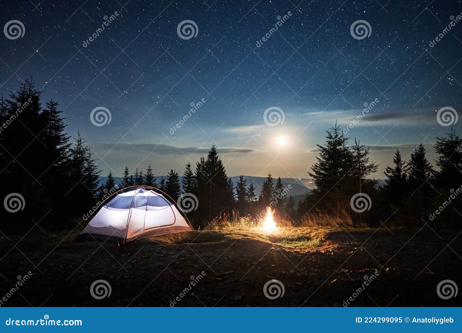 Montañas de noche: luna, camping y zorros - taza de cerámica con inter