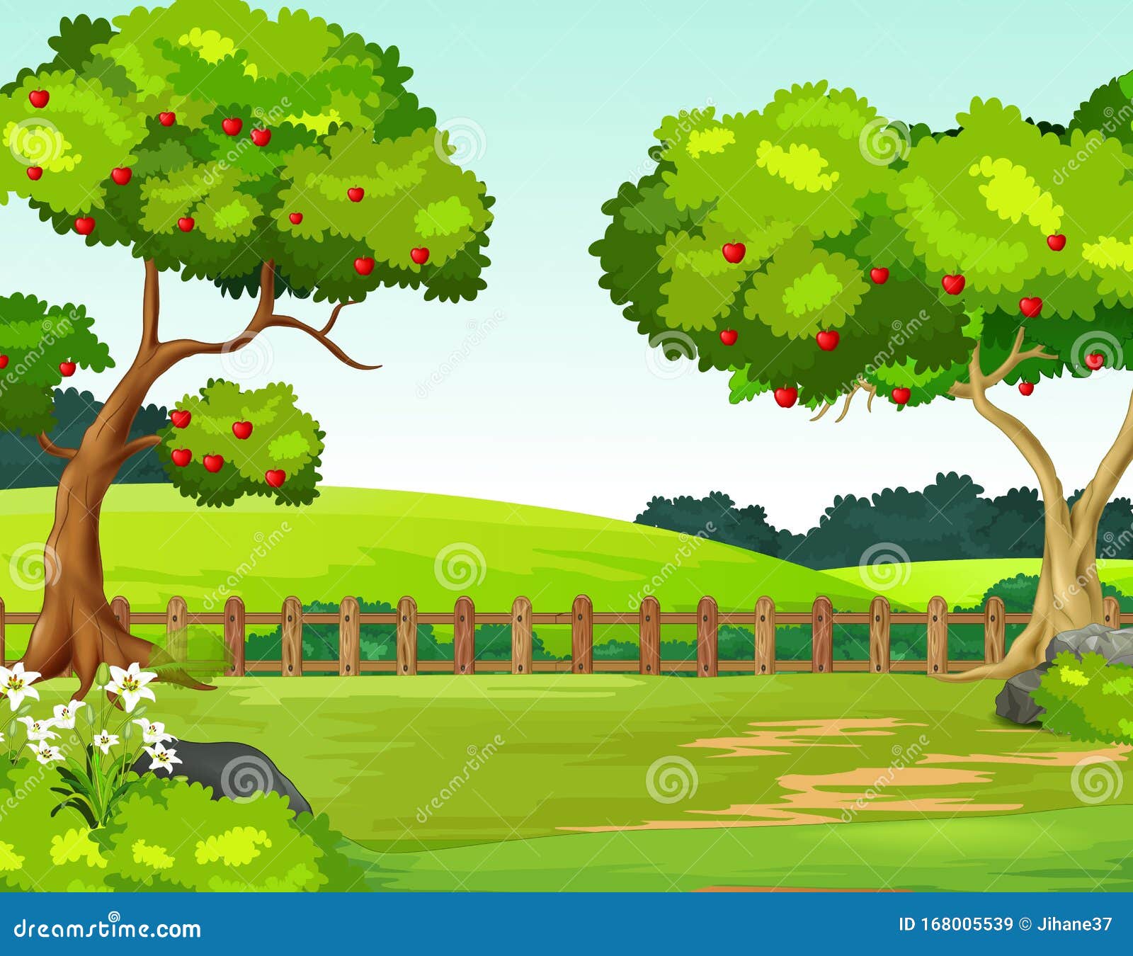 Vista Panorámica De La Colina Del Campo De Hierba Con Dibujos Animados De  Manzanos Stock de ilustración - Ilustración de adorable, bueno: 168005539