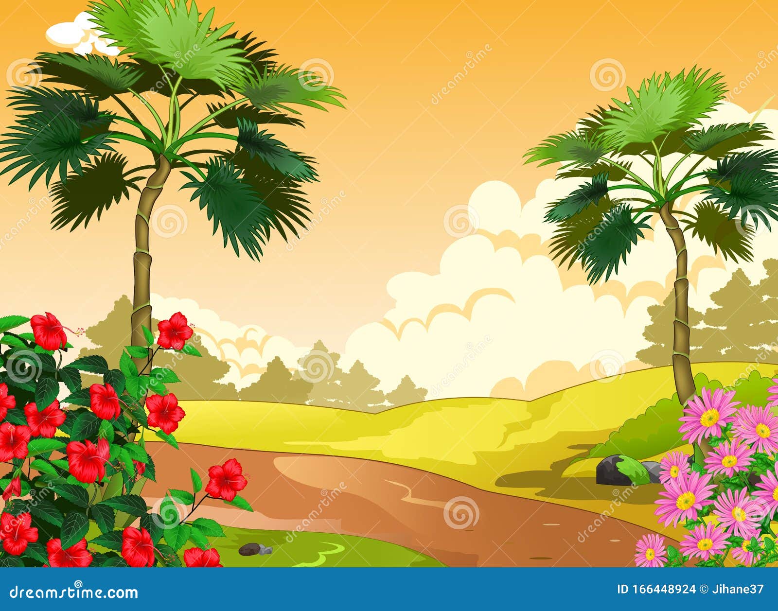 Vista Panorámica Genial Con árboles Y Dibujos Animados De Flores Foto de  archivo - Imagen de cabritos, adorable: 166448924